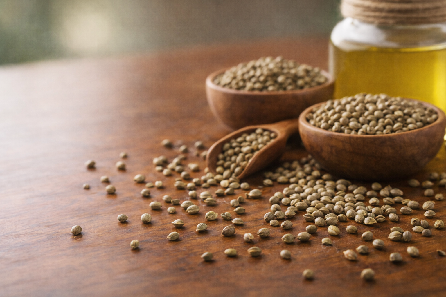 Wooden bowls filled with hemp seeds and a jar filled with organic hemp seed oil.