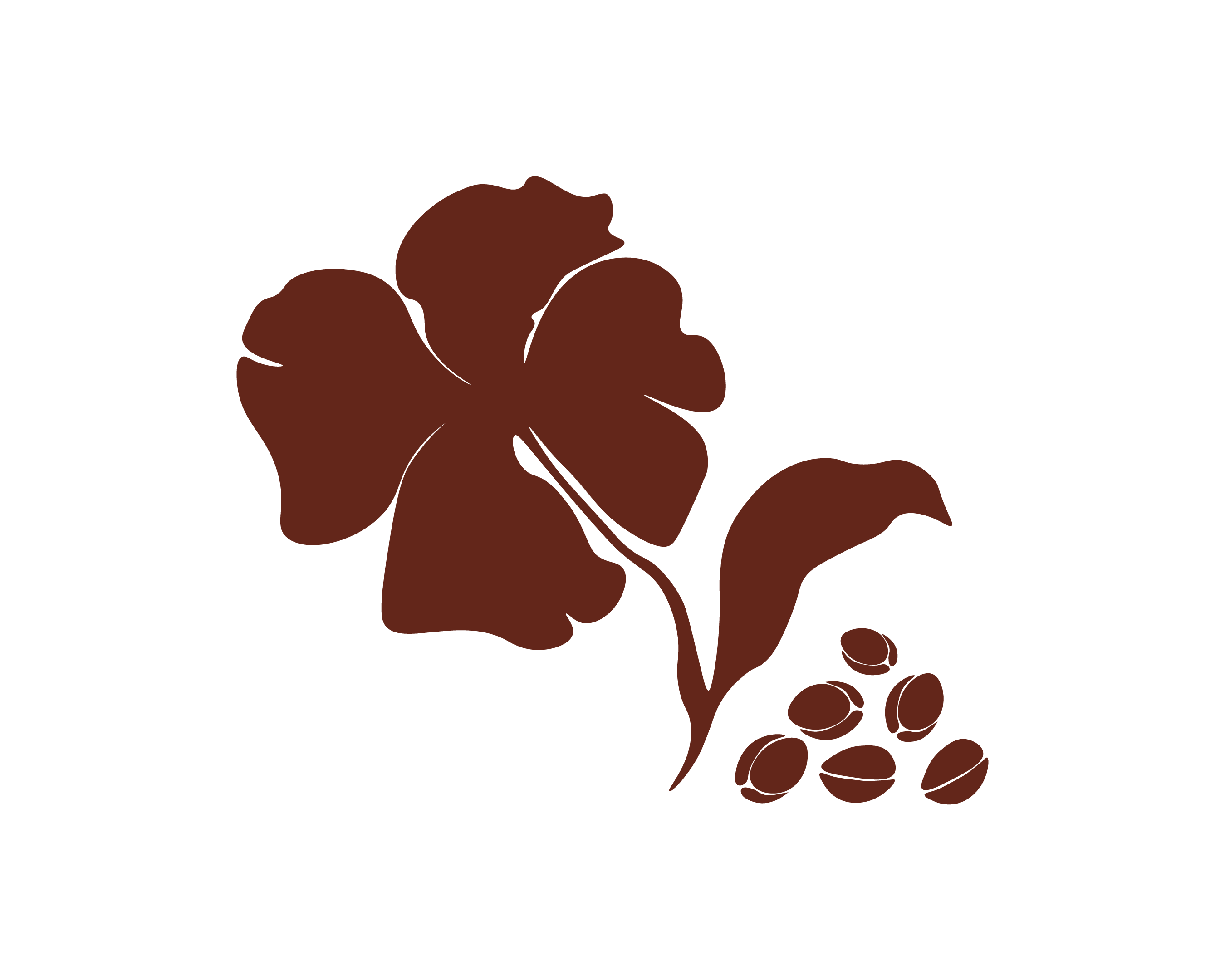 Flat-style illustration of a camellia flower and seed pods in deep burgundy, representing organic camellia japonica.