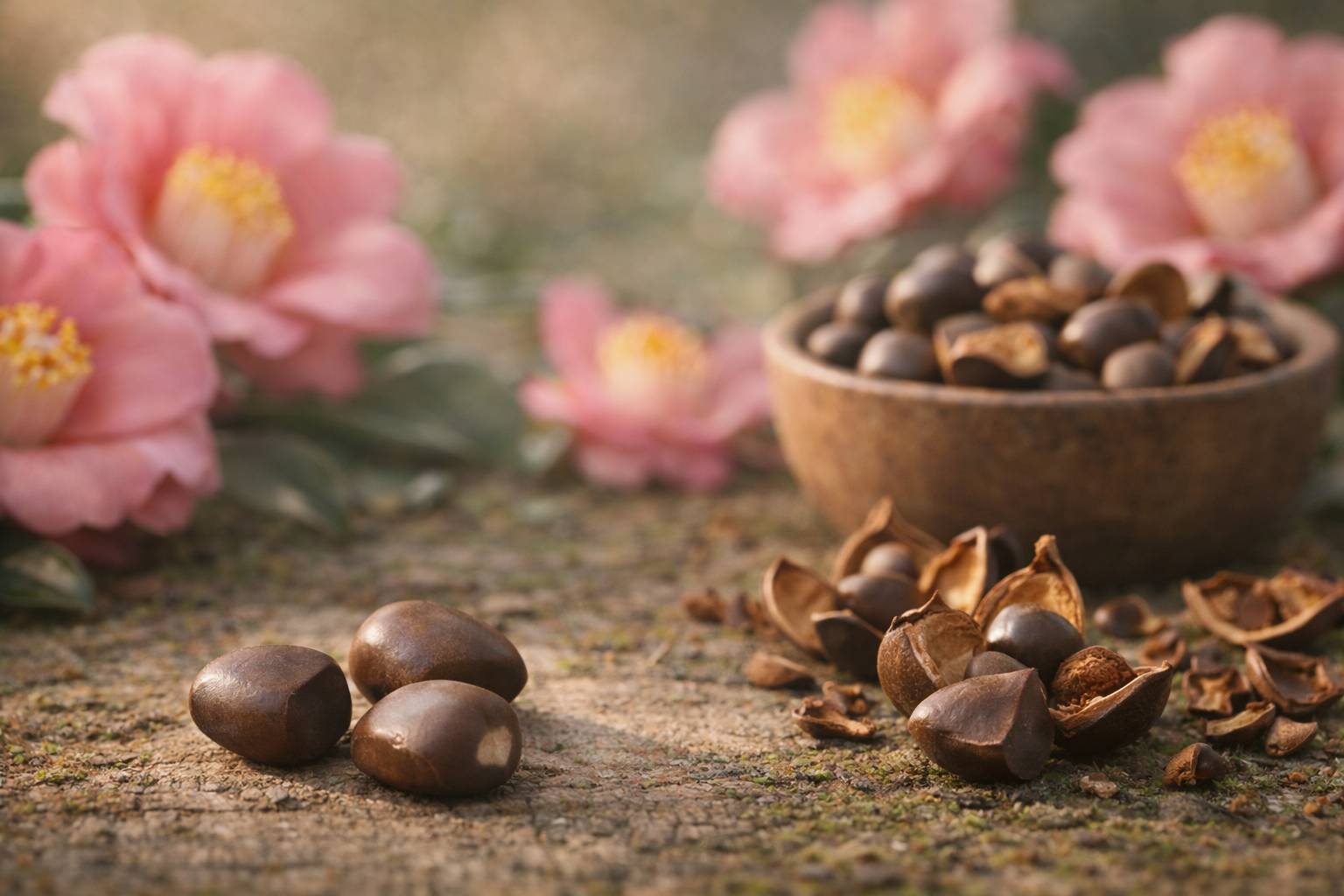 Brown seeds on a textured surface with pink flowers in the background